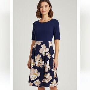 Ouixli S Navy Floral Fit & Flare Pocketed Dress EUC